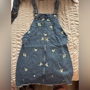 Divided Blue Denim Overall Dress with Floral Embroidery